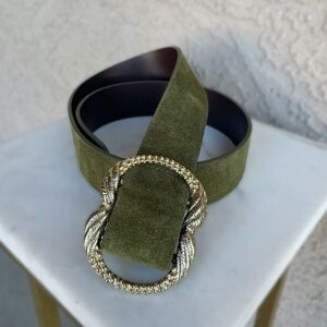 SEZANE Olive Green Suede Leather Artemis Belt w/ Engraved Gold Brass Buckle 80